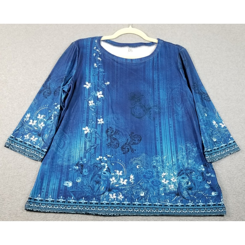 Top Women's Large L Blue White Floral Paisley 3/4 Sleeve Boho Casual Blouse Knit